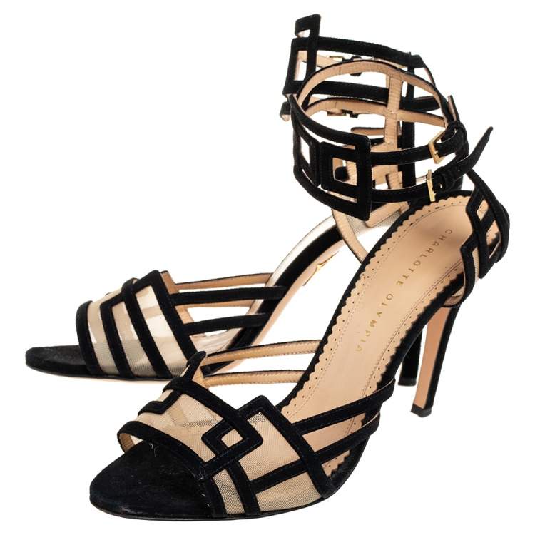 Pre Owned Charlotte Olympia Black Suede and Mesh Between The Lines Ankle Strap Sandals Size 41
