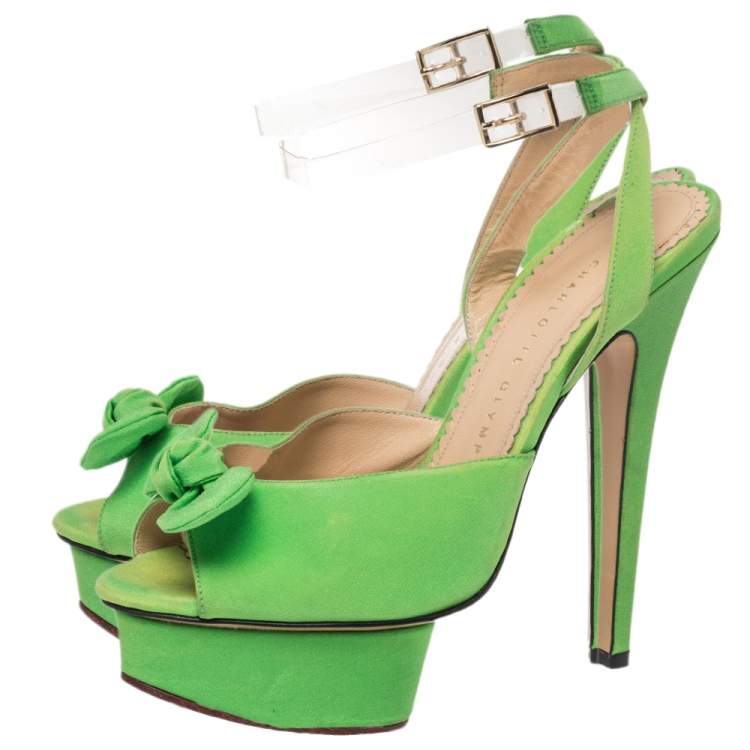 Pre Owned Charlotte Olympia Green Fabric Knot Platform Ankle Strap Sandals Size 38