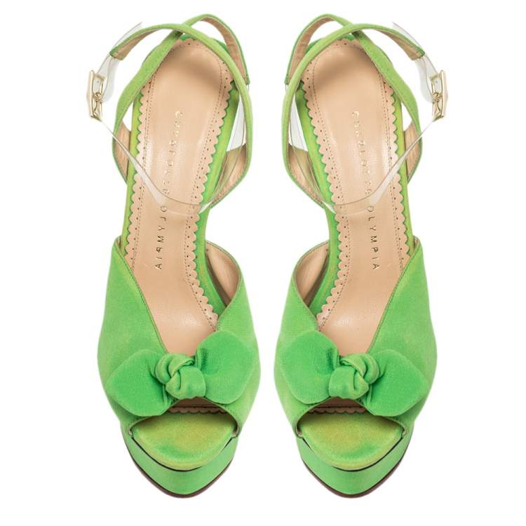 Pre Owned Charlotte Olympia Green Fabric Knot Platform Ankle Strap Sandals Size 38