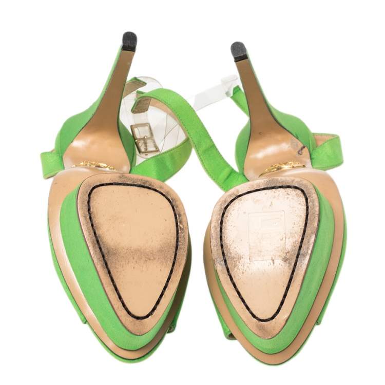 Pre Owned Charlotte Olympia Green Fabric Knot Platform Ankle Strap Sandals Size 38