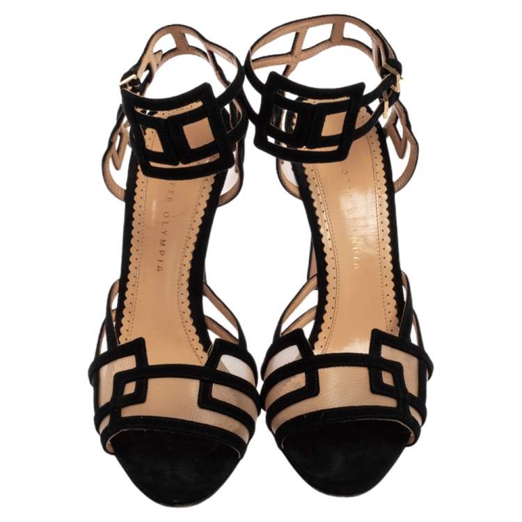 Pre Owned Charlotte Olympia Black Suede and Mesh Between The Lines Ankle Strap Sandals Size 39