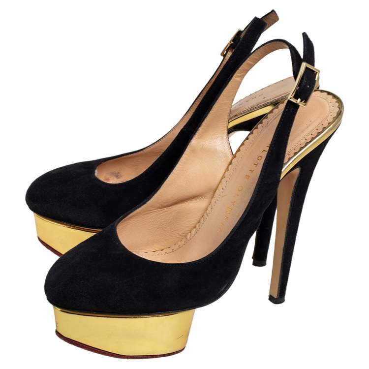 مملوكة مسبقًا Charlotte Olympia Black Suede Dolly Slingback Pumps Size 36