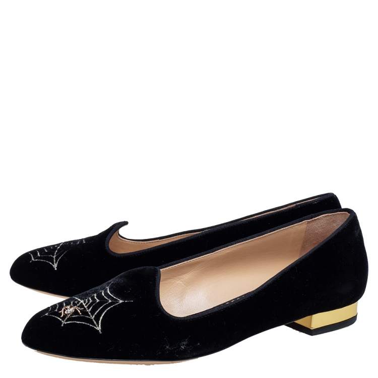 Pre Owned Charlotte Olympia Black Velvet Web Smoking Slippers Size 40