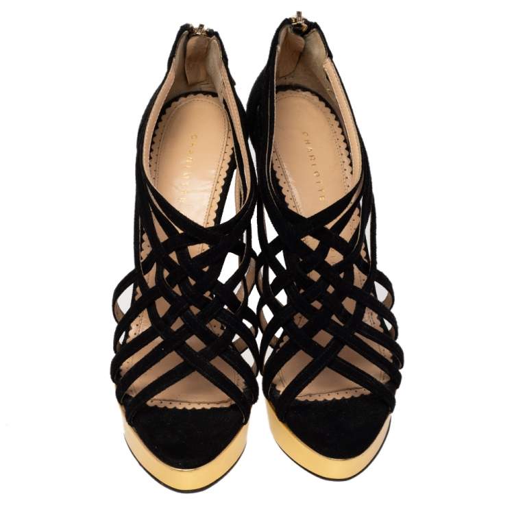 Pre Owned Charlotte Olympia Black Suede Peep Toe Platform Strappy Sandals Size 37