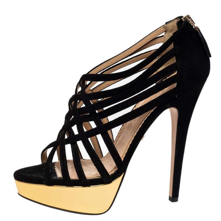 Pre Owned Charlotte Olympia Black Suede Peep Toe Platform Strappy Sandals Size 37