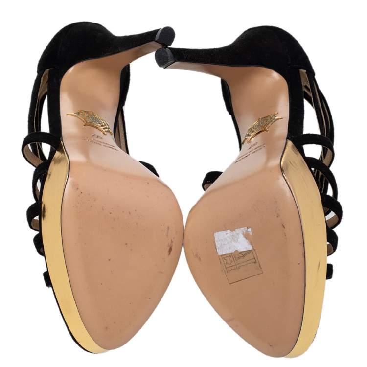 Pre Owned Charlotte Olympia Black Suede Peep Toe Platform Strappy Sandals Size 37