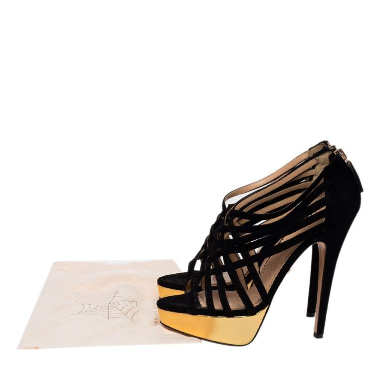 Pre Owned Charlotte Olympia Black Suede Peep Toe Platform Strappy Sandals Size 37