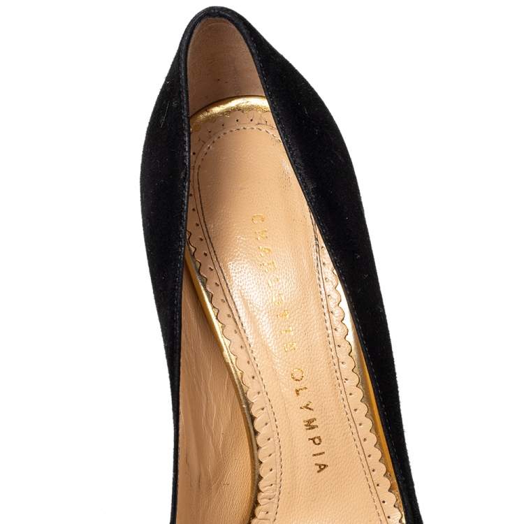 Pre Owned Charlotte Olympia Black Suede Dolly Platform Pumps Size 36.5