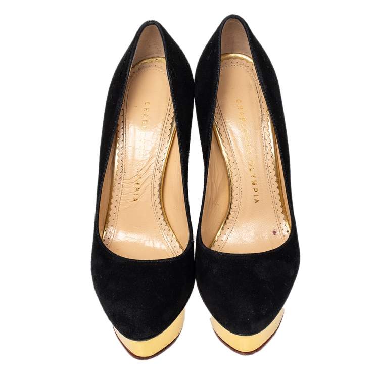 Pre Owned Charlotte Olympia Black Suede Dolly Platform Pumps Size 36.5