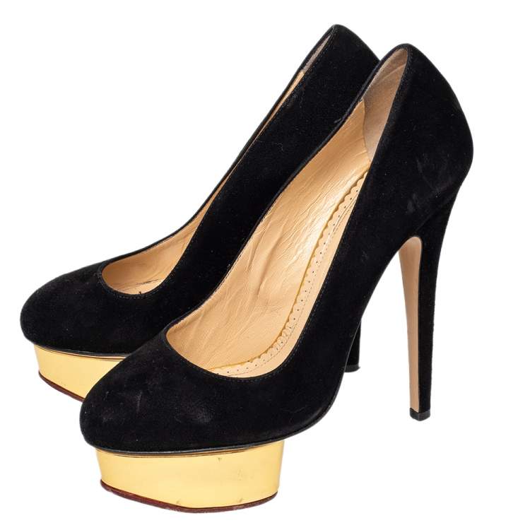 Pre Owned Charlotte Olympia Black Suede Dolly Platform Pumps Size 36.5