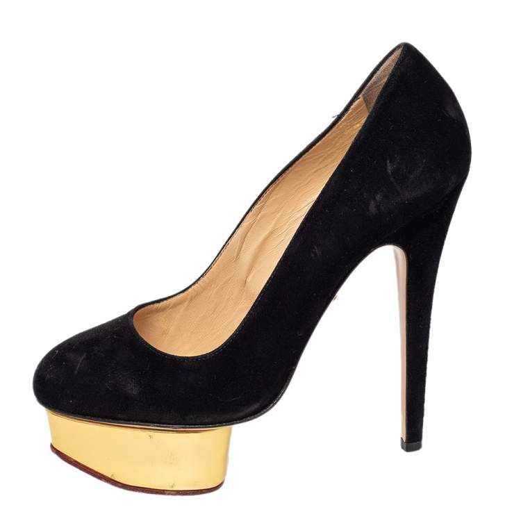 Pre Owned Charlotte Olympia Black Suede Dolly Platform Pumps Size 36.5