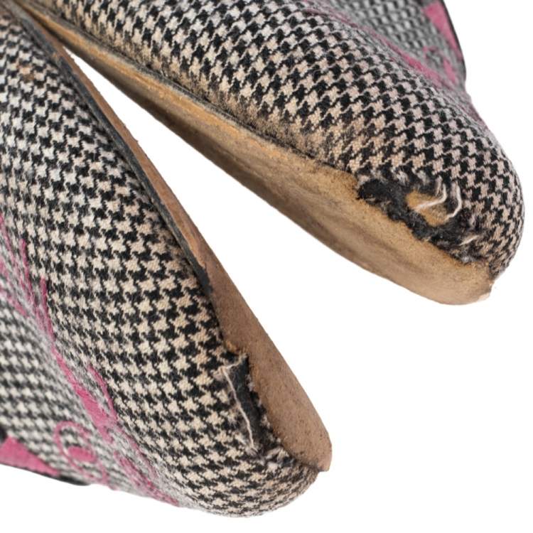Pre Owned  Charlotte Olympia Black Embroidered Fabric And Leather Emoticat Cheeky Kitty Ballet Flats Size 38.5