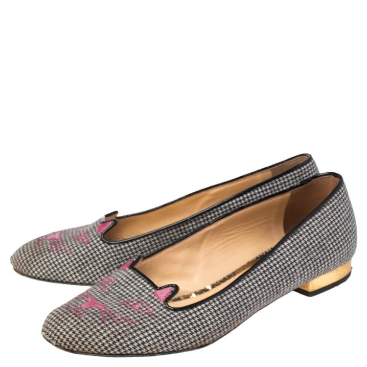 Pre Owned  Charlotte Olympia Black Embroidered Fabric And Leather Emoticat Cheeky Kitty Ballet Flats Size 38.5