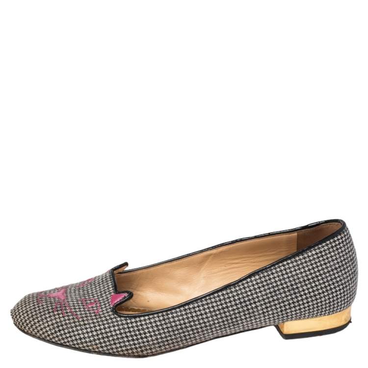 Pre Owned  Charlotte Olympia Black Embroidered Fabric And Leather Emoticat Cheeky Kitty Ballet Flats Size 38.5