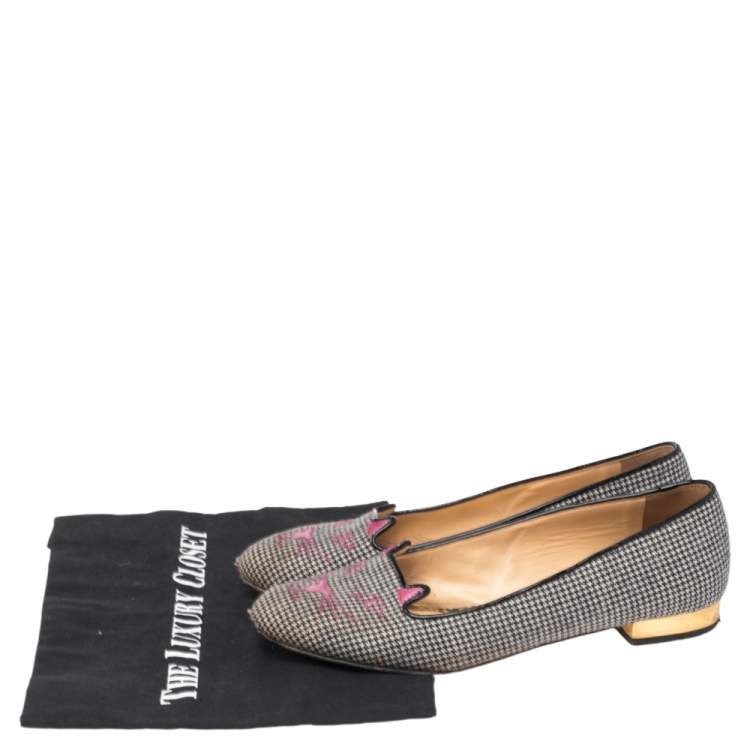 Pre Owned  Charlotte Olympia Black Embroidered Fabric And Leather Emoticat Cheeky Kitty Ballet Flats Size 38.5