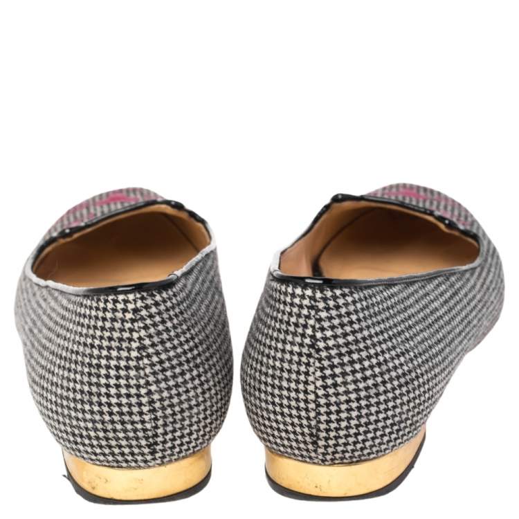Pre Owned  Charlotte Olympia Black Embroidered Fabric And Leather Emoticat Cheeky Kitty Ballet Flats Size 38.5