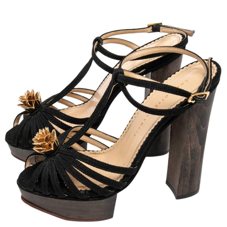 Pre Owned Charlotte Olympia Black Canvas Strappy Platform Block Heel Sandals Size 38