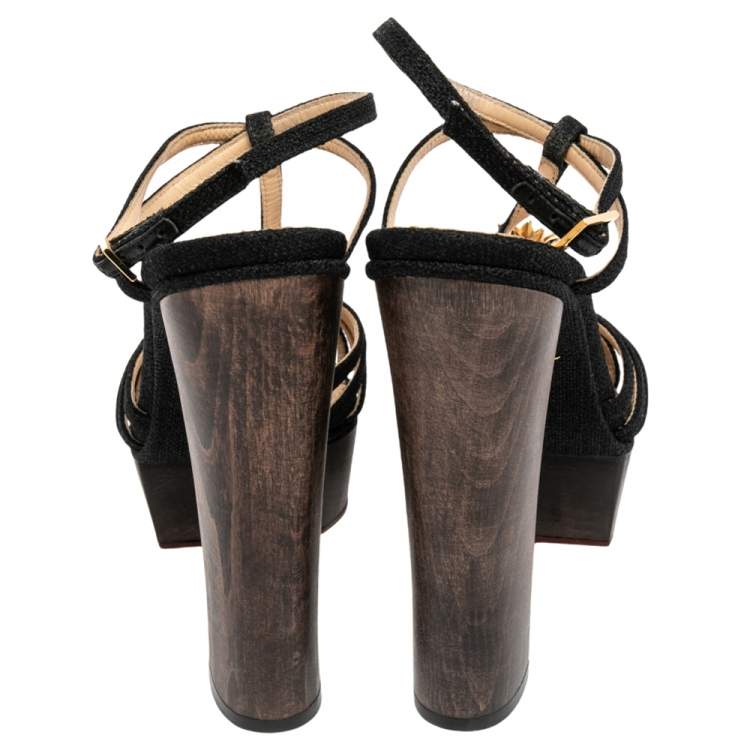 Pre Owned Charlotte Olympia Black Canvas Strappy Platform Block Heel Sandals Size 38