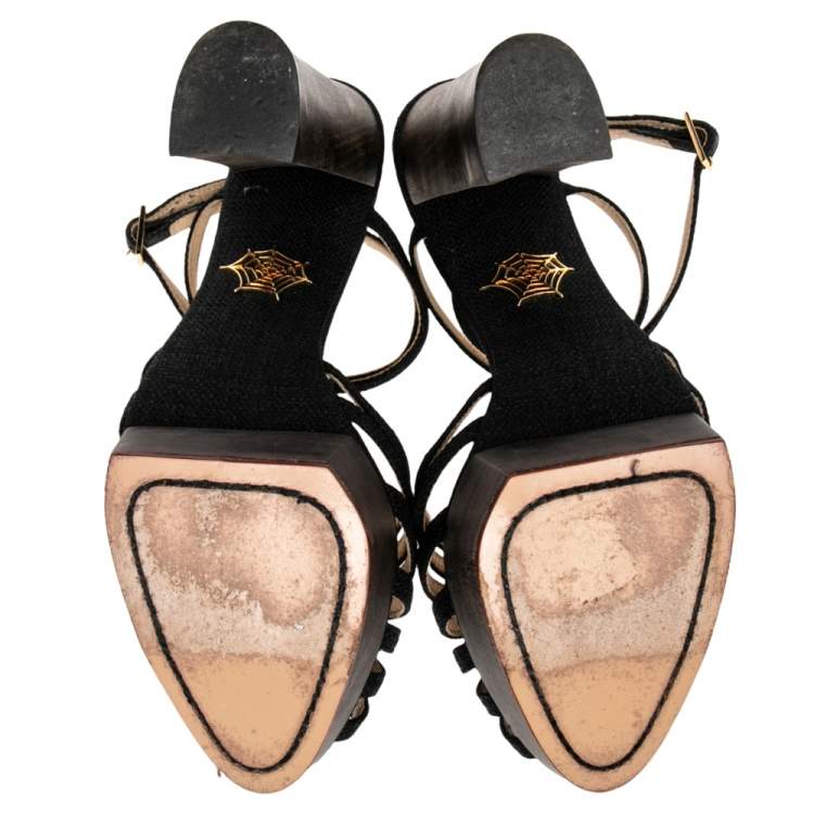 Pre Owned Charlotte Olympia Black Canvas Strappy Platform Block Heel Sandals Size 38