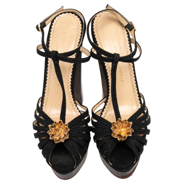 Pre Owned Charlotte Olympia Black Canvas Strappy Platform Block Heel Sandals Size 38