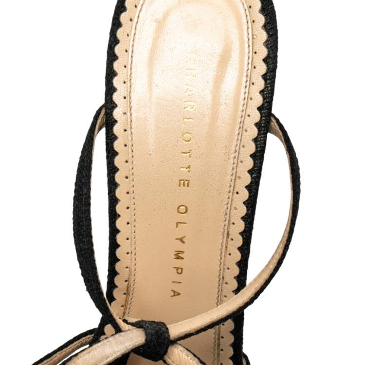 Pre Owned Charlotte Olympia Black Canvas Strappy Platform Block Heel Sandals Size 38