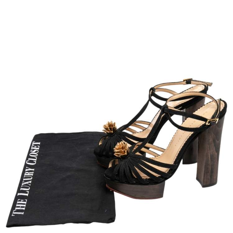 Pre Owned Charlotte Olympia Black Canvas Strappy Platform Block Heel Sandals Size 38