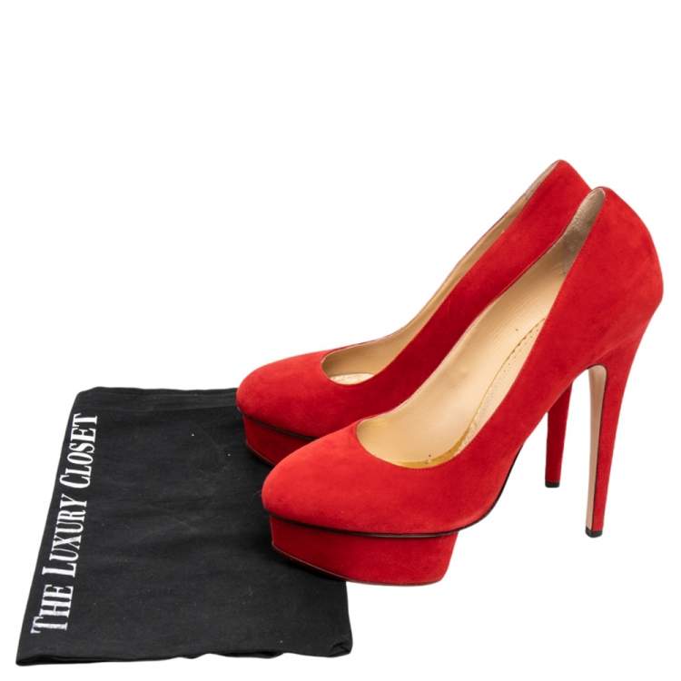 Pre Owned Charlotte Olympia Red Suede Dolly Platform Pumps Size 41