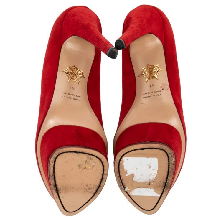 Pre Owned Charlotte Olympia Red Suede Dolly Platform Pumps Size 41