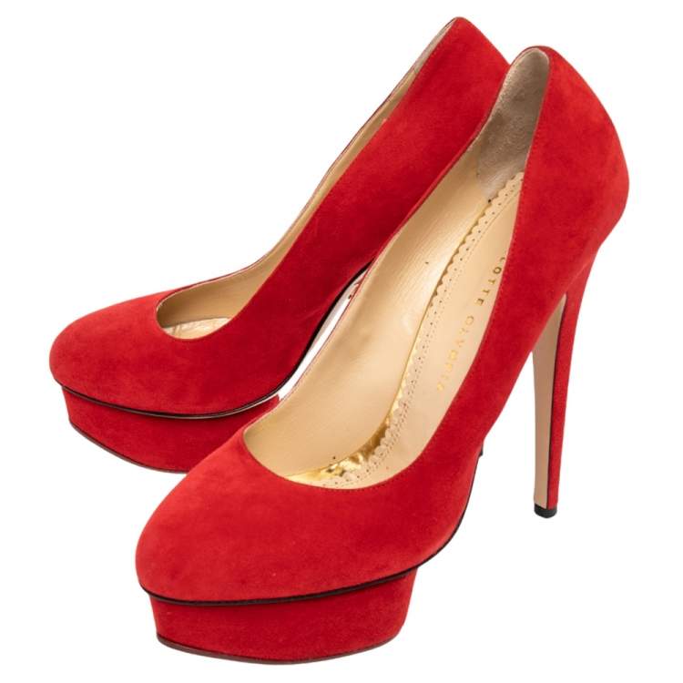 Pre Owned Charlotte Olympia Red Suede Dolly Platform Pumps Size 41