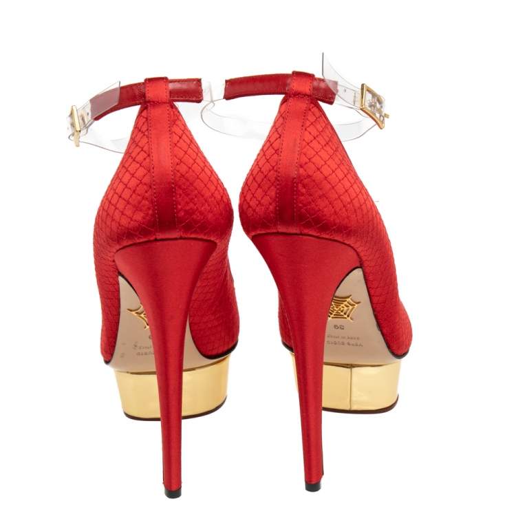 Pre Owned Charlotte Olympia Red Quilted Satin Dolores Platform Ankle Strap Pumps Size 39