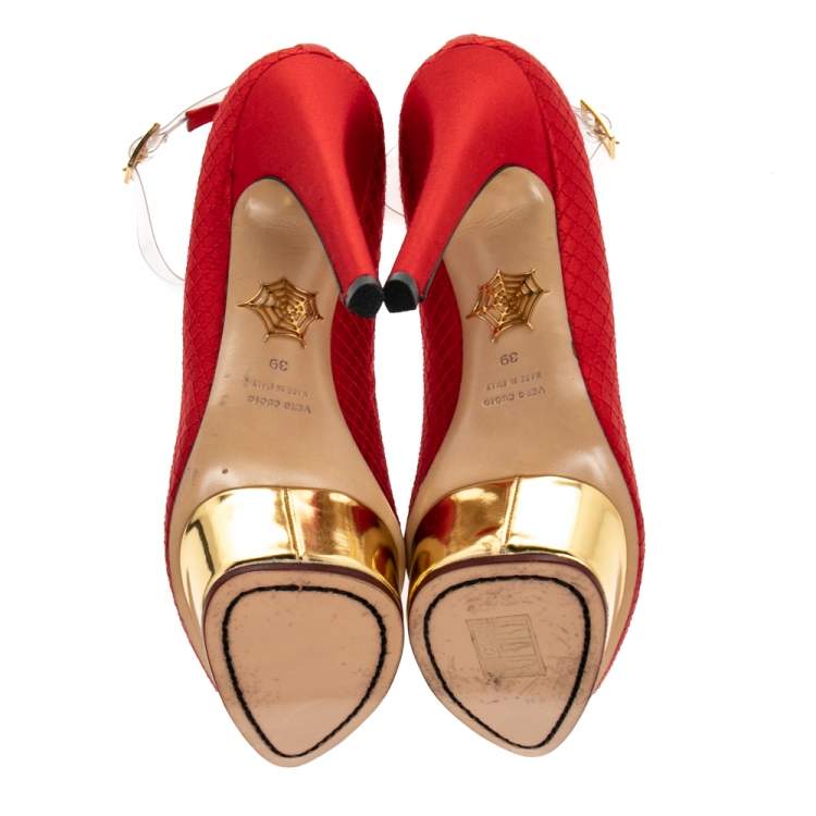 Pre Owned Charlotte Olympia Red Quilted Satin Dolores Platform Ankle Strap Pumps Size 39