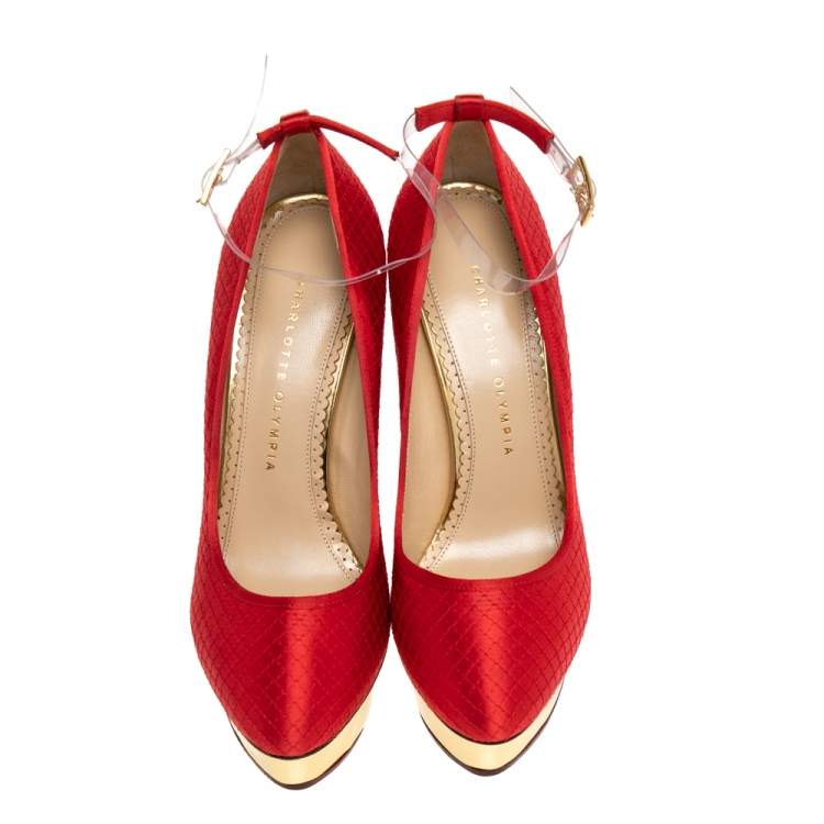 Pre Owned Charlotte Olympia Red Quilted Satin Dolores Platform Ankle Strap Pumps Size 39