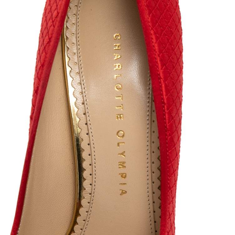 Pre Owned Charlotte Olympia Red Quilted Satin Dolores Platform Ankle Strap Pumps Size 39