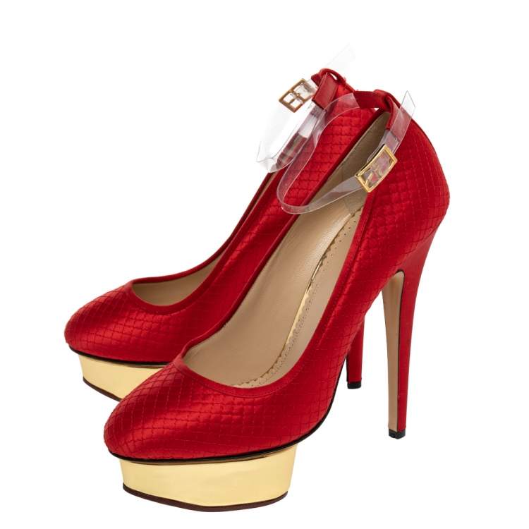 Pre Owned Charlotte Olympia Red Quilted Satin Dolores Platform Ankle Strap Pumps Size 39