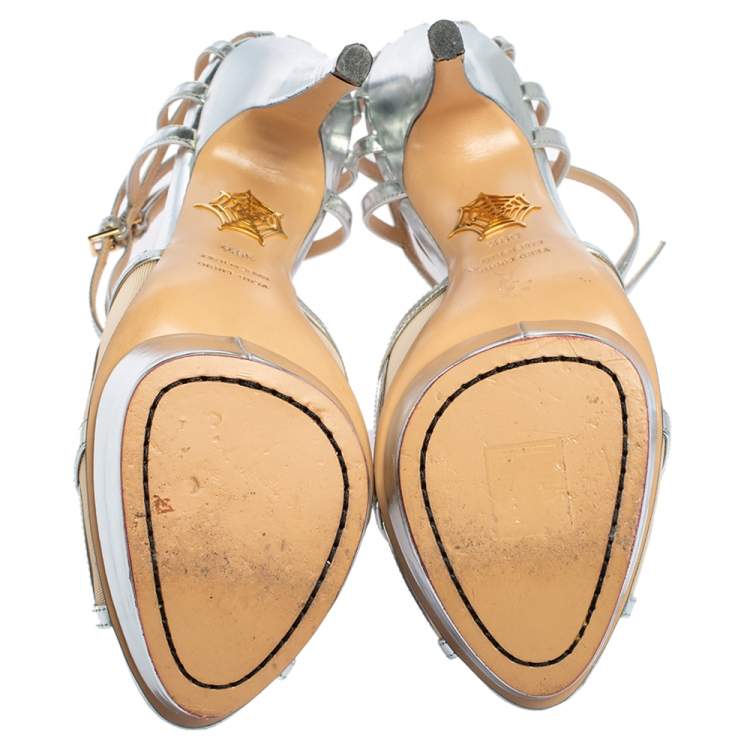 Pre Owned Charlotte Olympia Silver Leather Octavia Platform Ankle Strap Sandals Size 39.5