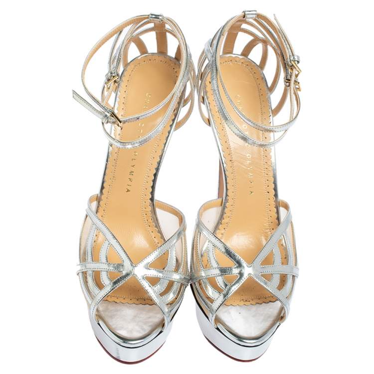 Pre Owned Charlotte Olympia Silver Leather Octavia Platform Ankle Strap Sandals Size 39.5