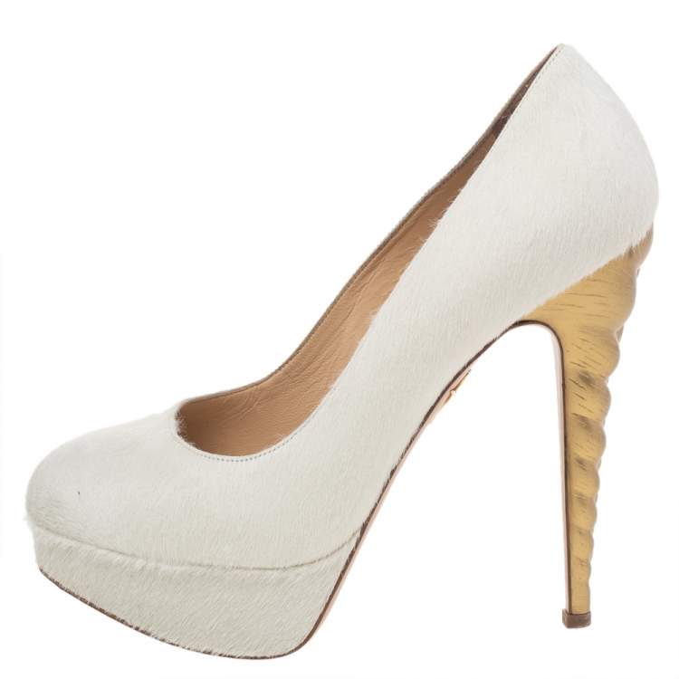 Pre Owned Charlotte Olympia White Calf Hair Platform Pumps Size 39