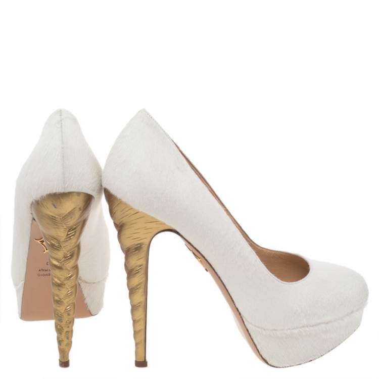 Pre Owned Charlotte Olympia White Calf Hair Platform Pumps Size 39