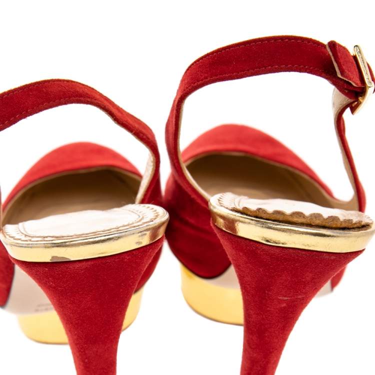 Pre Owned Charlotte Olympia Red Suede Dolly Platform Slingback Sandals Size 38