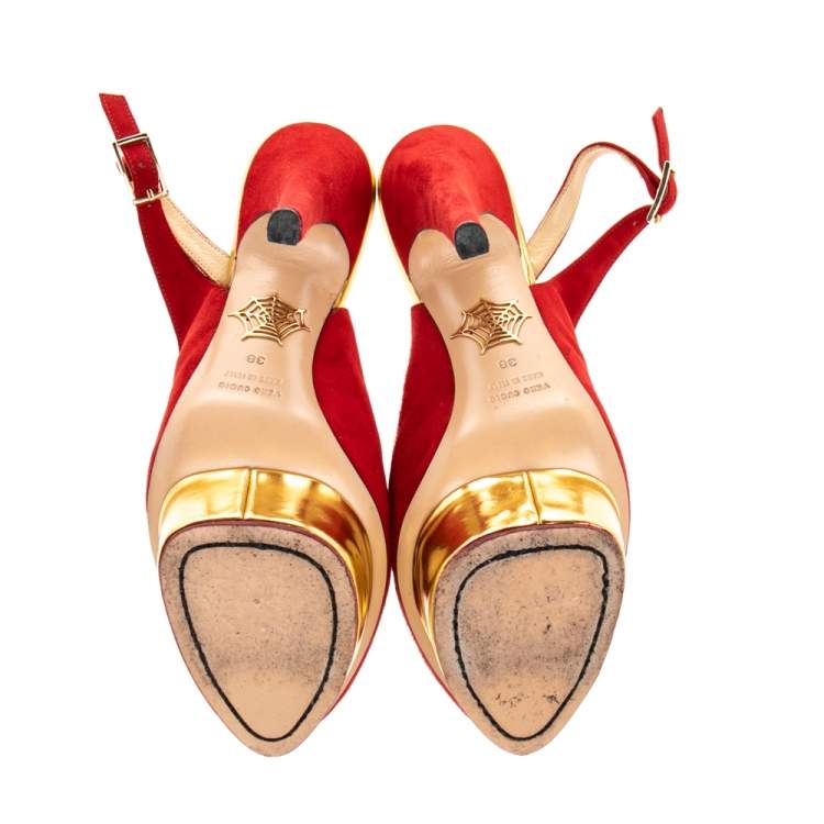 Pre Owned Charlotte Olympia Red Suede Dolly Platform Slingback Sandals Size 38