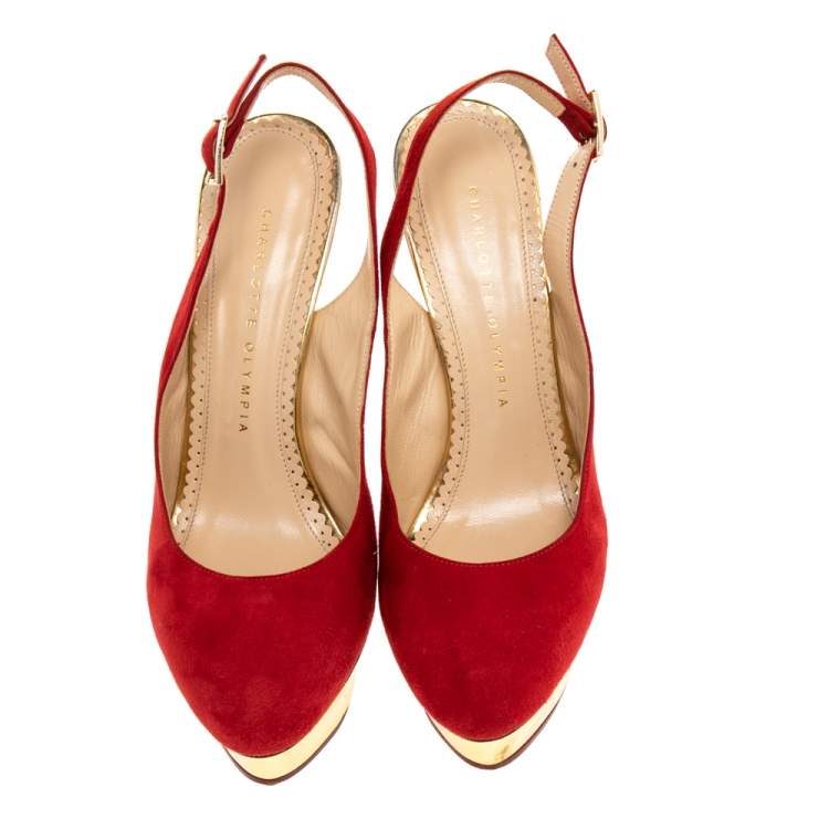 Pre Owned Charlotte Olympia Red Suede Dolly Platform Slingback Sandals Size 38