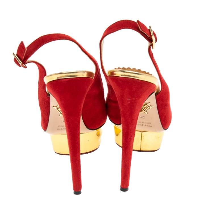 Pre Owned Charlotte Olympia Red Suede Dolly Platform Slingback Sandals Size 38