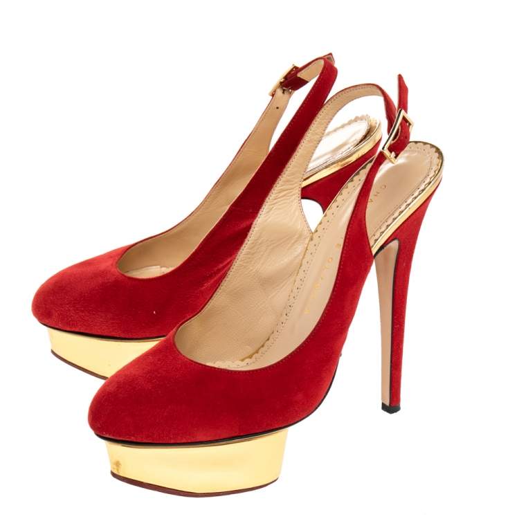 Pre Owned Charlotte Olympia Red Suede Dolly Platform Slingback Sandals Size 38