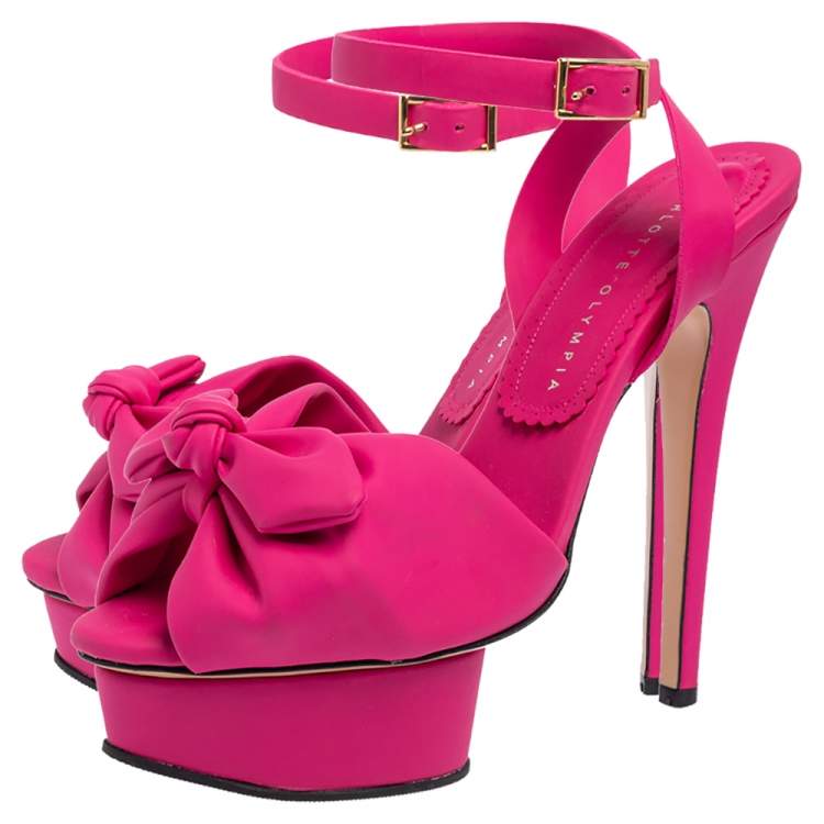 Pre Owned Charlotte Olympia Pink Rubber Serena Bow Ankle Strap Platform Sandals Size 37.5