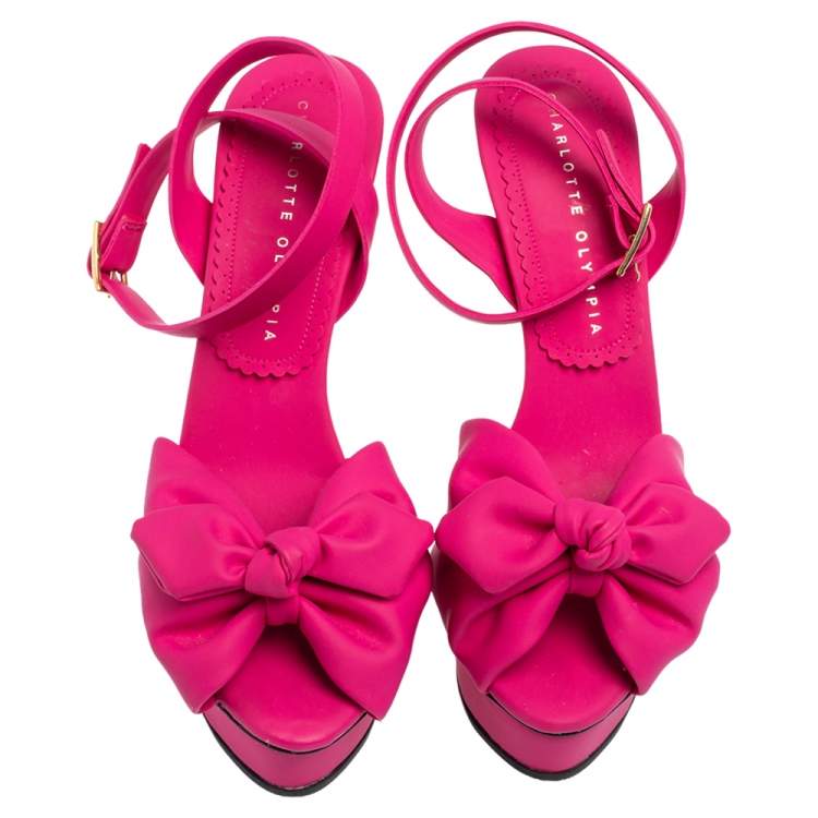 Pre Owned Charlotte Olympia Pink Rubber Serena Bow Ankle Strap Platform Sandals Size 37.5