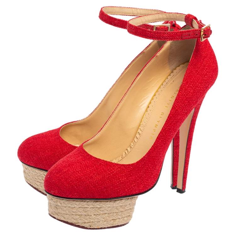 Pre Owned Charlotte Olympia Red Canvas Dolores Ankle Strap Platform Pumps Size 38