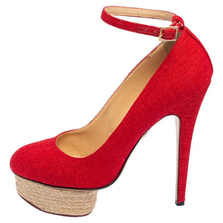 Pre Owned Charlotte Olympia Red Canvas Dolores Ankle Strap Platform Pumps Size 38