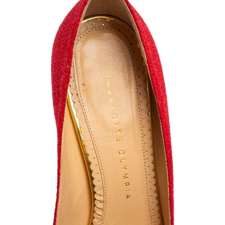 Pre Owned Charlotte Olympia Red Canvas Dolores Ankle Strap Platform Pumps Size 38