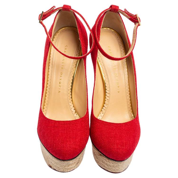 Pre Owned Charlotte Olympia Red Canvas Dolores Ankle Strap Platform Pumps Size 38