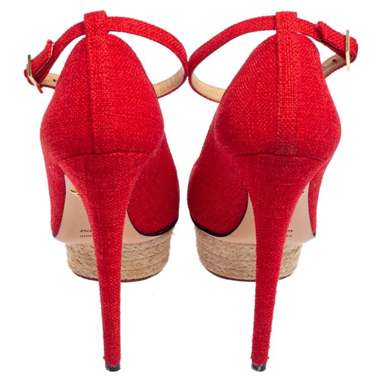 Pre Owned Charlotte Olympia Red Canvas Dolores Ankle Strap Platform Pumps Size 38